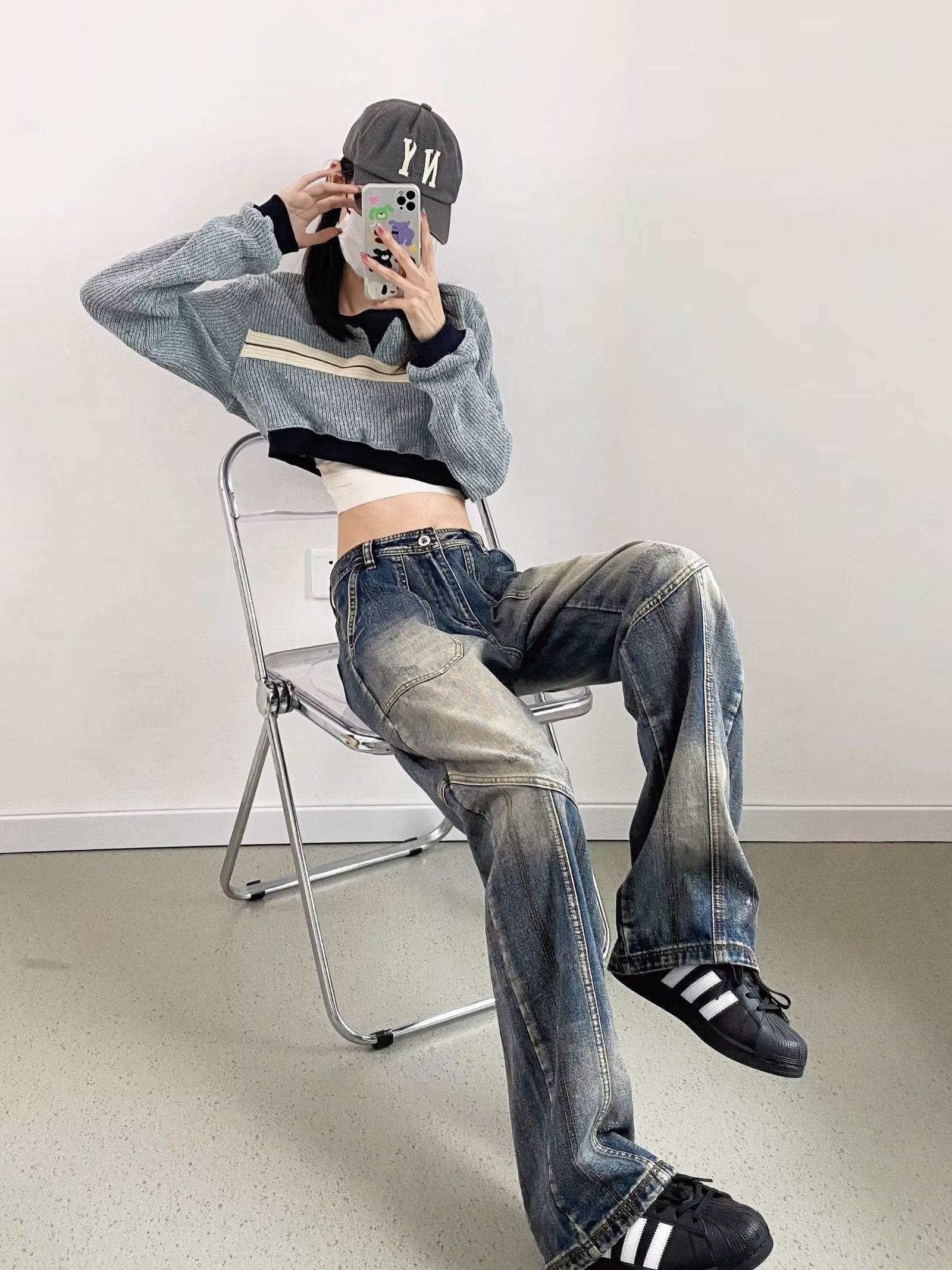 美式復古拼接立體裁剪水洗牛仔褲男女潮牌寬鬆直筒休閒長褲