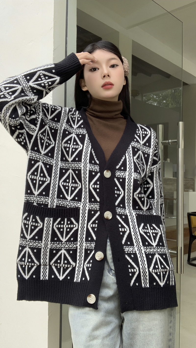 Actual shot~Three standards together~Autumn and winter retro lazy style diamond check contrasting cardigan jacket sweater top