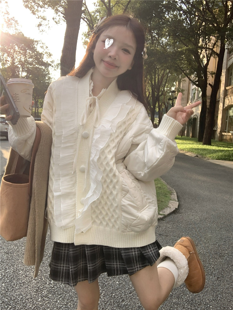 Real shot of spliced ​​wool quilted sweet girly style cotton jacket