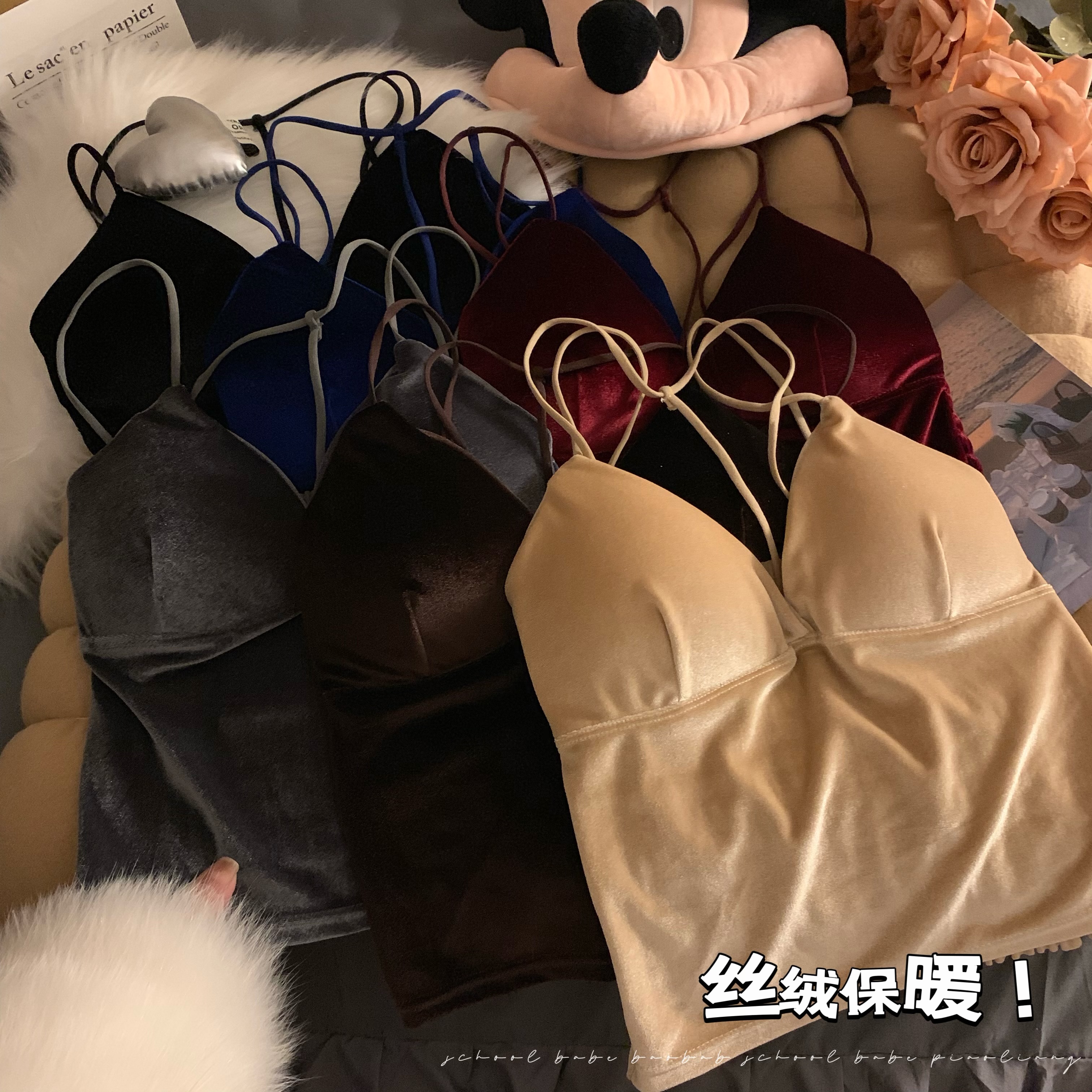 實拍 純欲辣妹性感細帶掛脖絲絨美背吊帶背心內搭打底衫上衣