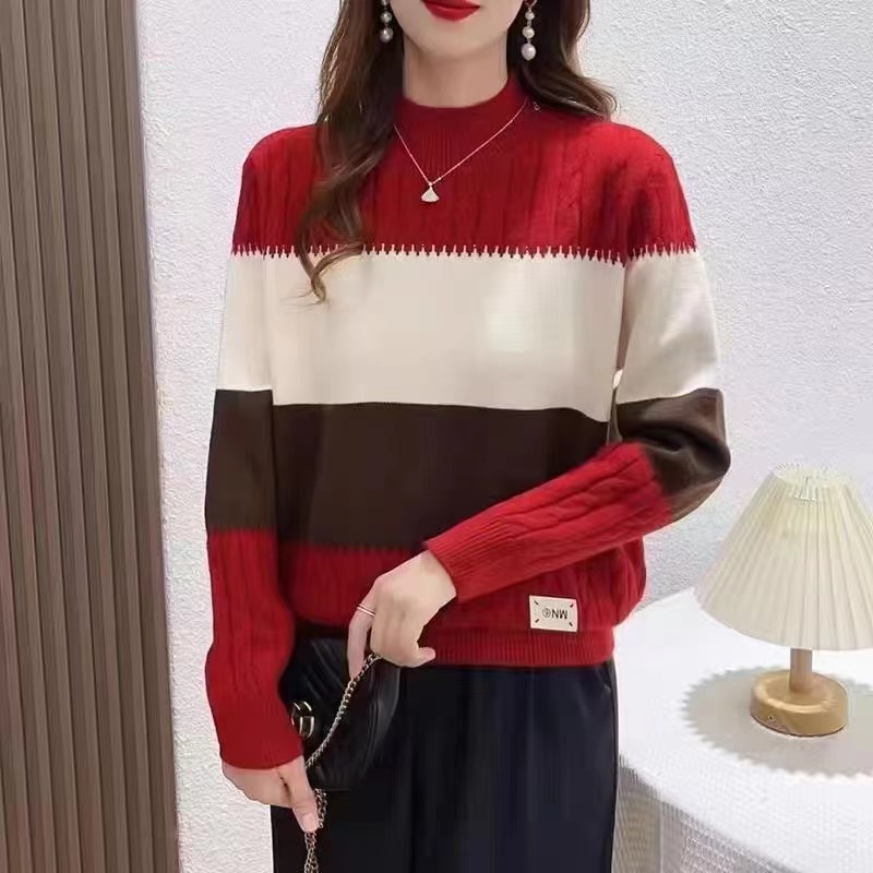 半高領洋氣寬鬆毛衣女裝2023秋冬新款拼色內搭冬季加厚針織打底衫