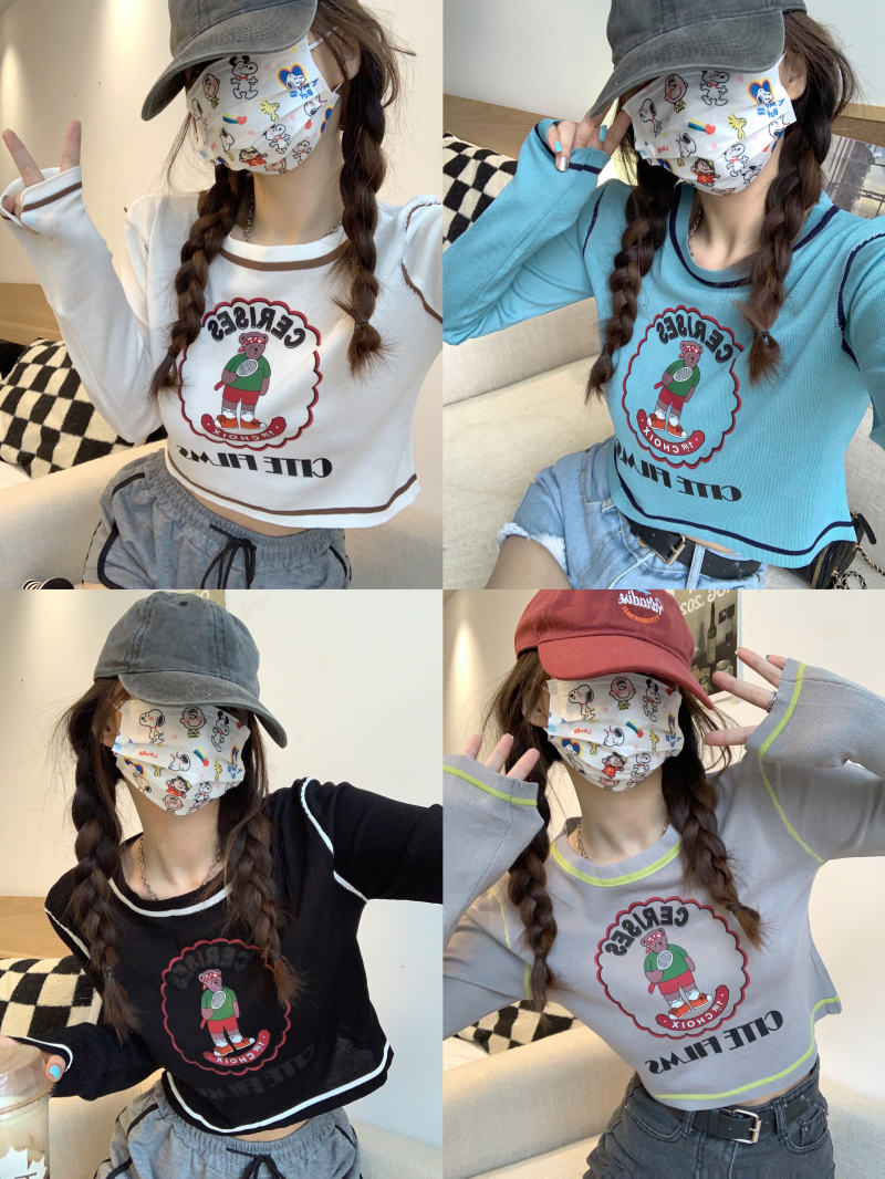 Actual shot of cartoon bear topstitched short sun protection T-shirt Korean round neck top