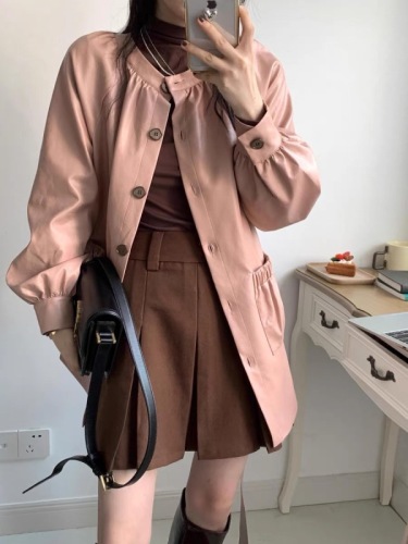 Cream Stone Peach Autumn Fashionable Sweet and Cool Round Neck Raglan Sleeve Leather Jacket for Women