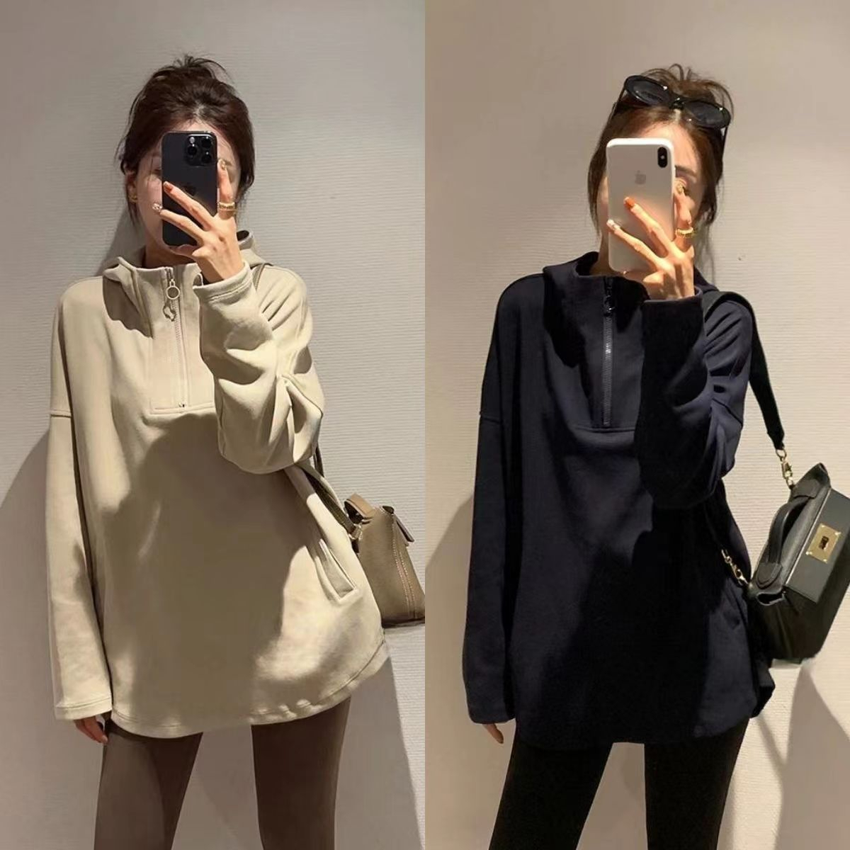 歐貨設計感小眾半拉鏈連帽衛衣女早秋季時尚減齡寬鬆長袖外套上衣