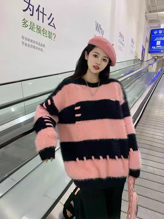水貂絨條紋寬鬆毛衣圓領上衣