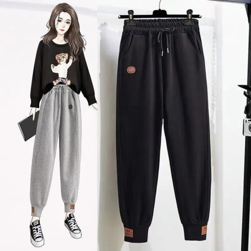 Velvet/non-velvet sweatpants for women, spring and autumn loose leggings, student harem sweatpants, thin casual pants