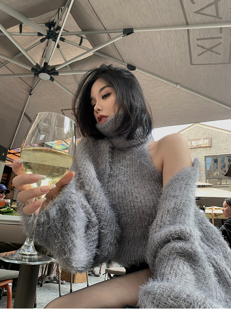Imitation mink sweater suit for women in autumn and winter, pure lust hottie sexy halterneck high-neck knitted bottoming shirt two-piece top