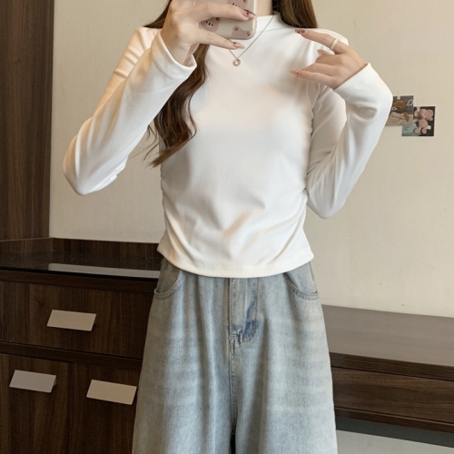 Actual shot # Stretch brushed half turtleneck bottoming shirt with top and slim pleated hot girl long-sleeved T-shirt