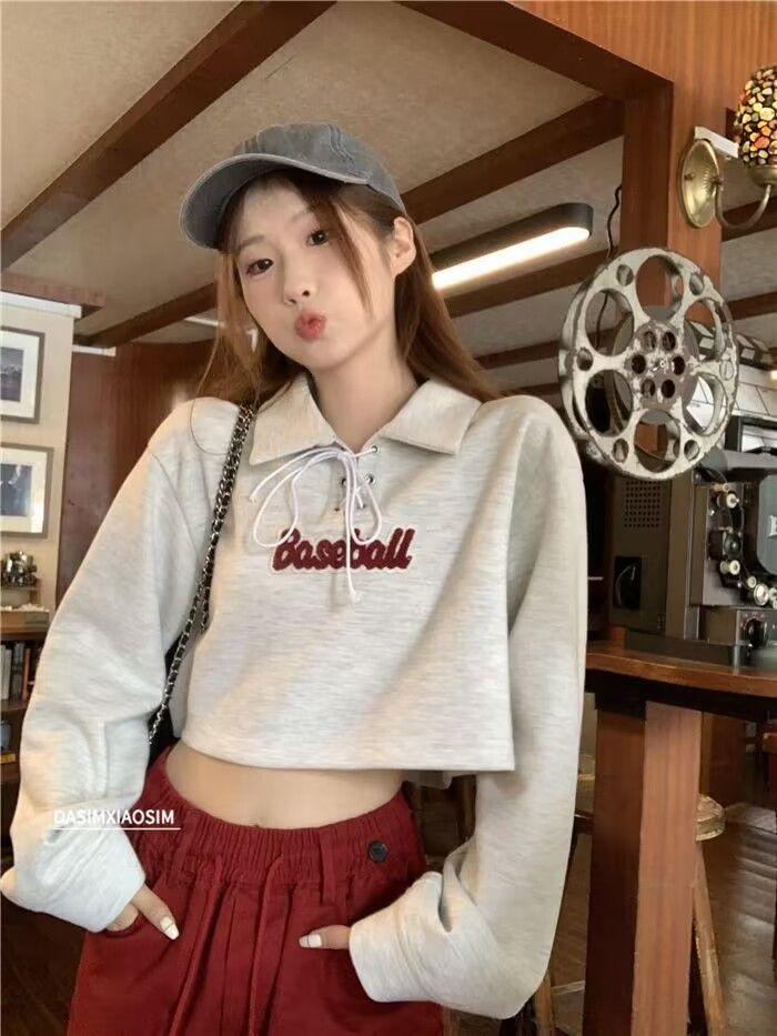 灰色polo領長袖衛衣女早秋季新款設計感小個子修身顯瘦短上衣