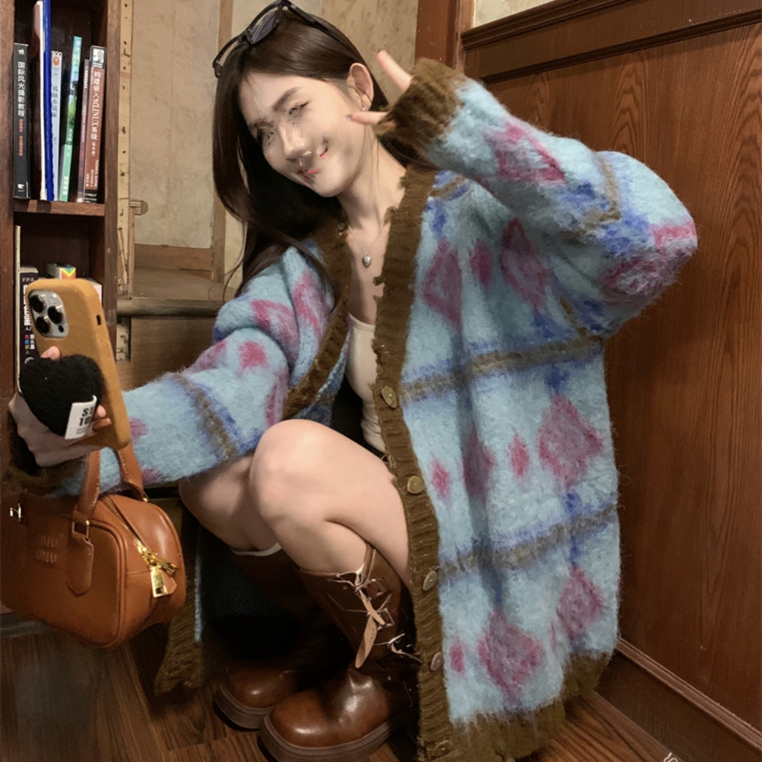 French retro blue soft waxy mohair knitted cardigan for women in autumn and winter new style loose design outer top trendy