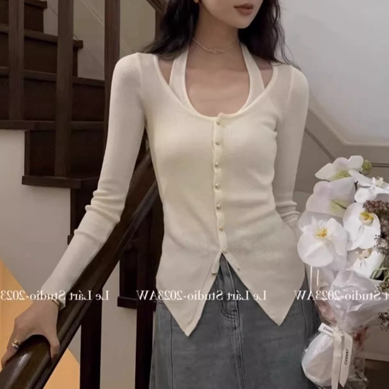 法式兩件套掛脖薄款針織衫女春秋秋季開衫內搭打底衫修身長袖上衣