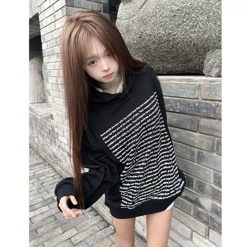 後包領雙層帽不起球配棉螺口 仿棉華棉複合310剋薄款衛衣女印花