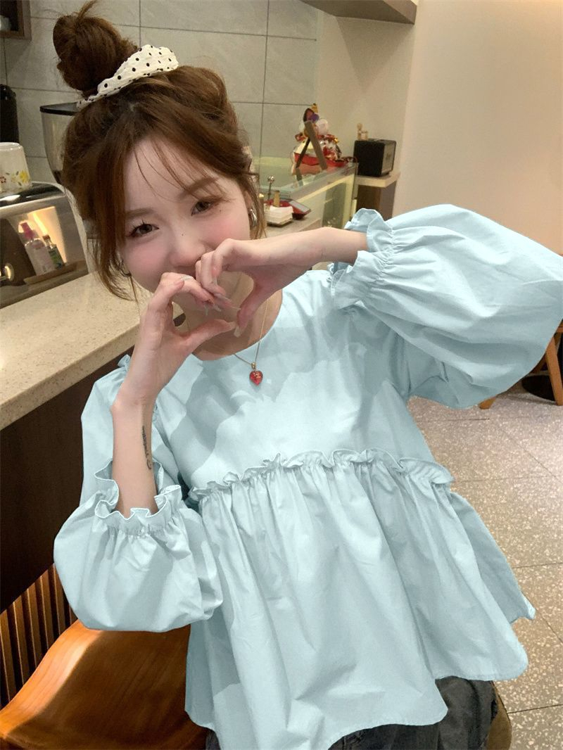 仿天絲#設計感小眾木耳邊圓領泡泡袖襯衫女新款小個子娃娃衫上衣