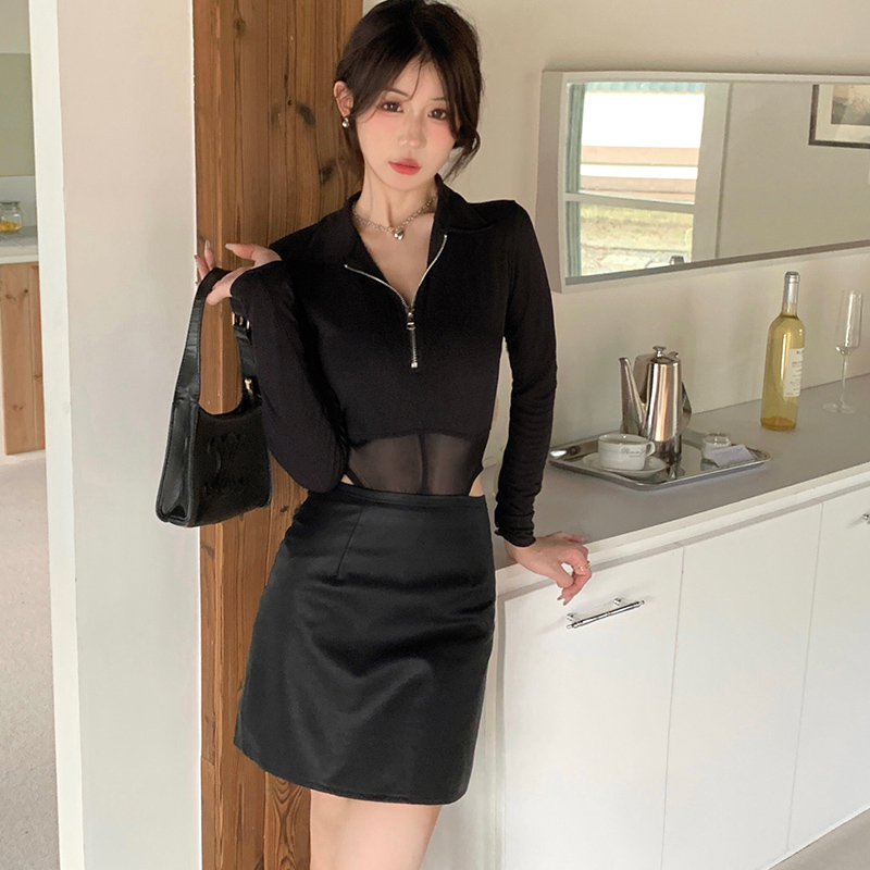 Real shot of sweet and cool POLO collar long-sleeved T-shirt Yujie see-through mesh nightclub style sexy one-piece top