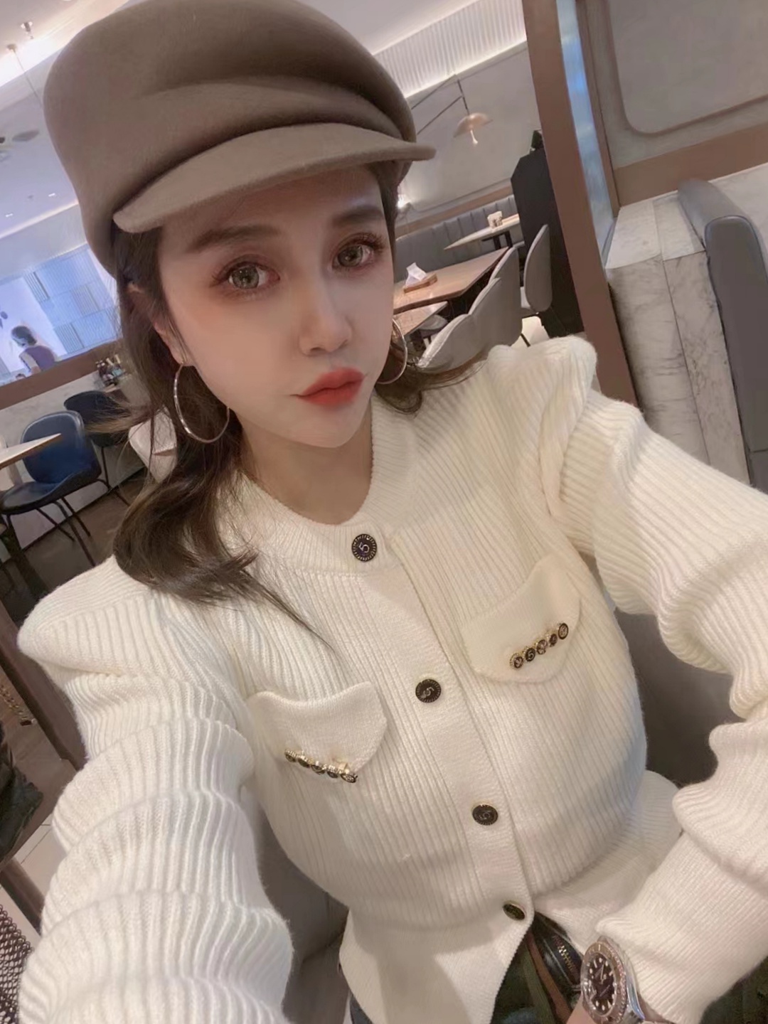 小香風高級感修身針織衫女秋冬新款單排扣假口袋小眾設計毛衣外套