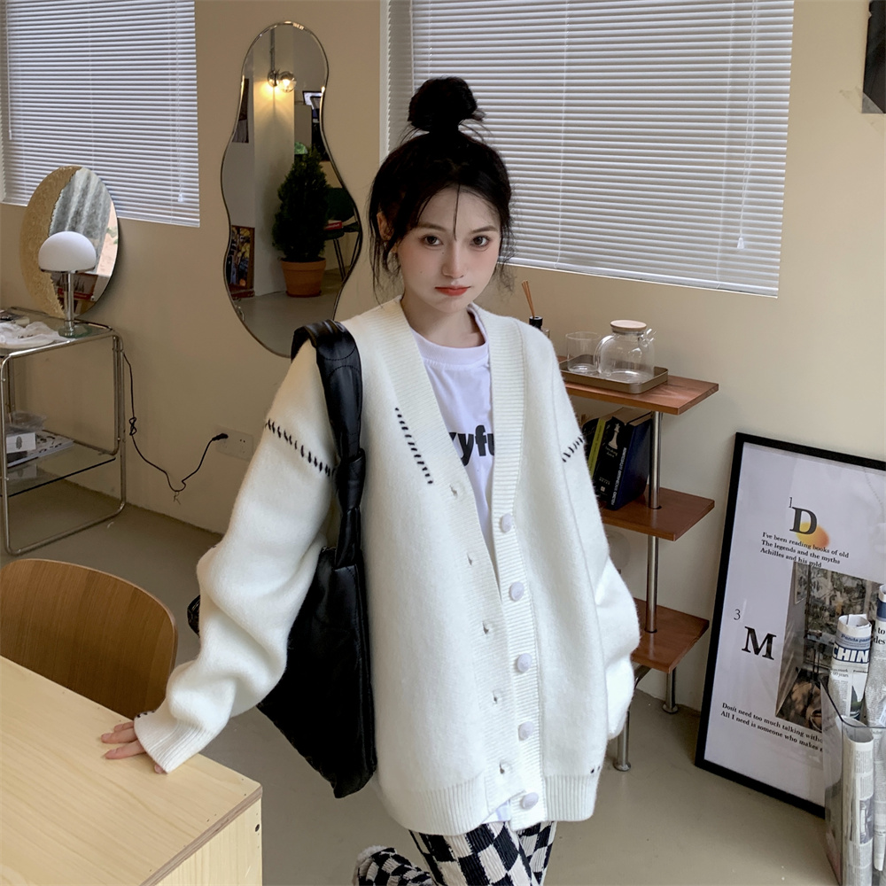 實拍~新款慵懶風寬鬆中長款針織衫設計感長袖毛衣開衫女