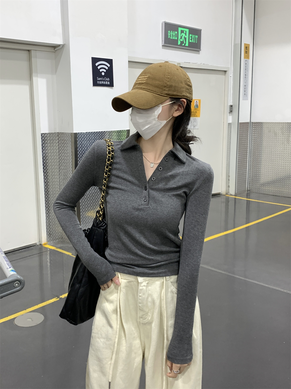 Actual shot of autumn and winter Korean style slim-fitting inner polo collar button design German velvet warm long-sleeved T-shirt top