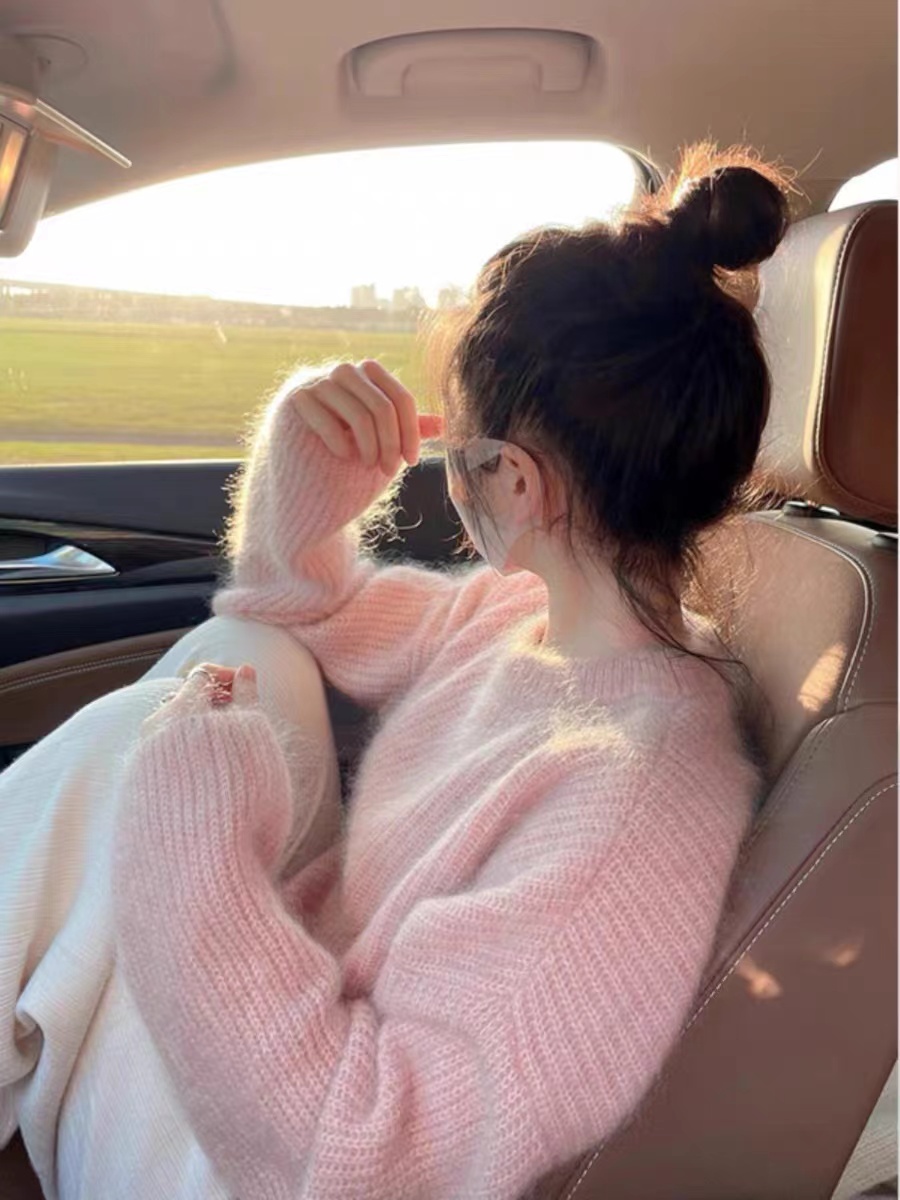秋冬高級感小個子日系粉色毛衣寬鬆復古洋氣設計感小香風針織上衣