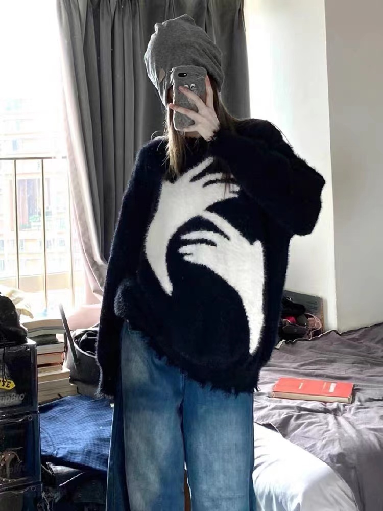 仿貂#美式復古抽象印花水貂絨毛衣女秋冬外穿寬鬆慵懶風情侶針織