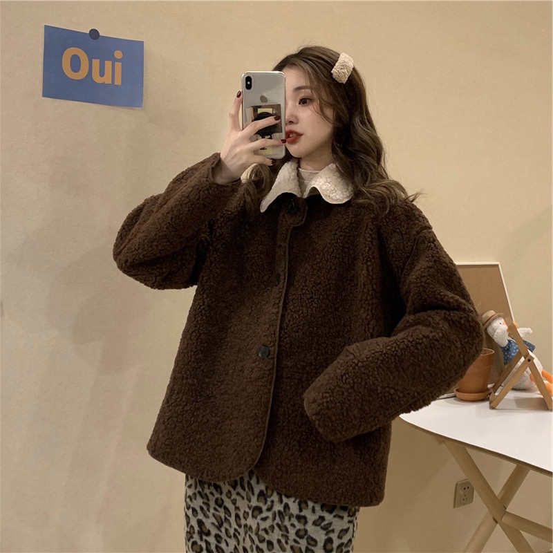 Color block lapel lamb plush jacket for women autumn and winter new style loose versatile jacket top trendy ins