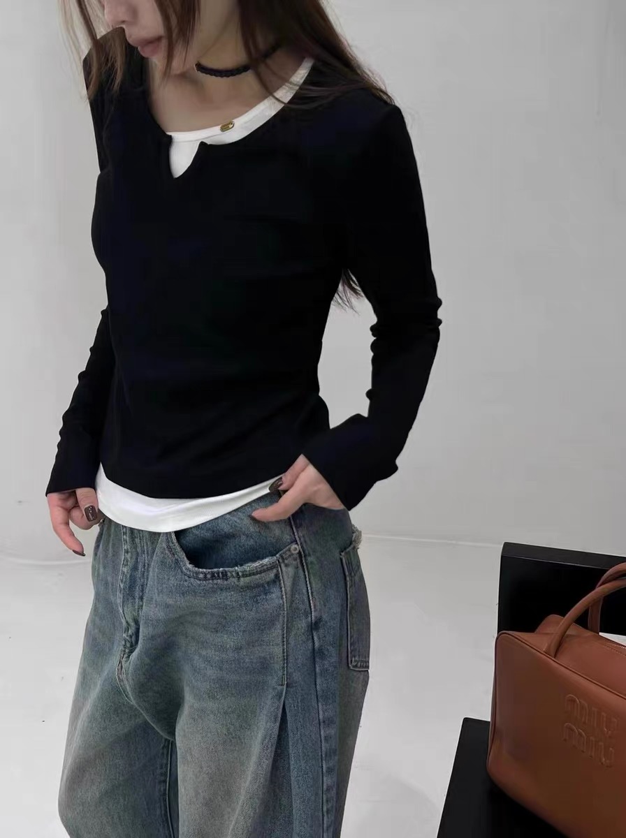 European stitched fake two-piece long-sleeved velvet T-shirt for women autumn and winter 2023 new trendy slim and versatile tops