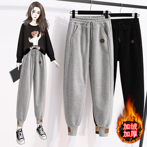 Velvet/non-velvet sweatpants for women, spring and autumn loose leggings, student harem sweatpants, thin casual pants