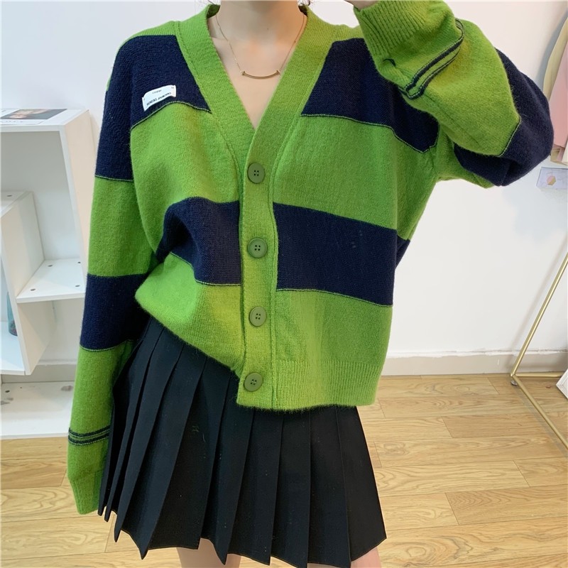 復古慵懶風毛衣女2023年新款韓版秋冬寬鬆外穿條紋針織開衫外套潮