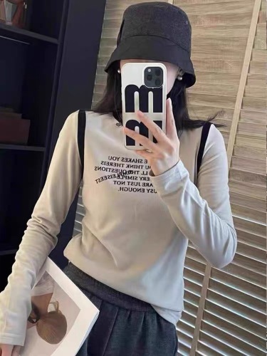 European autumn and winter letter print color matching plus velvet long-sleeved bottoming shirt for women slim and fashionable style inner T-shirt
