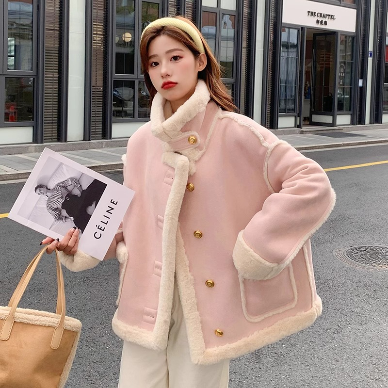 Pink small fragrant style fur one-piece jacket for women 2023 winter new Korean style velvet thickened motorcycle jacket