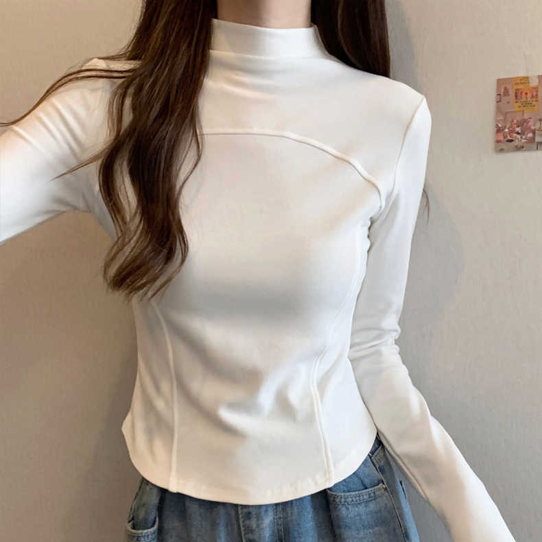 1*1德絨 魚骨拼接半高領t恤女長袖秋冬新款不規則修身打底衫女短