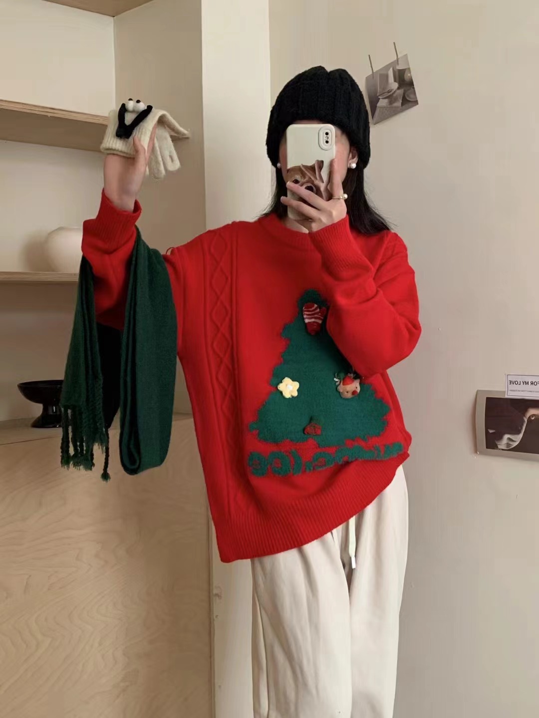 外貿可愛聖誕樹紅色女秋冬寬鬆慵懶風氛圍感加厚軟糯打底針織上