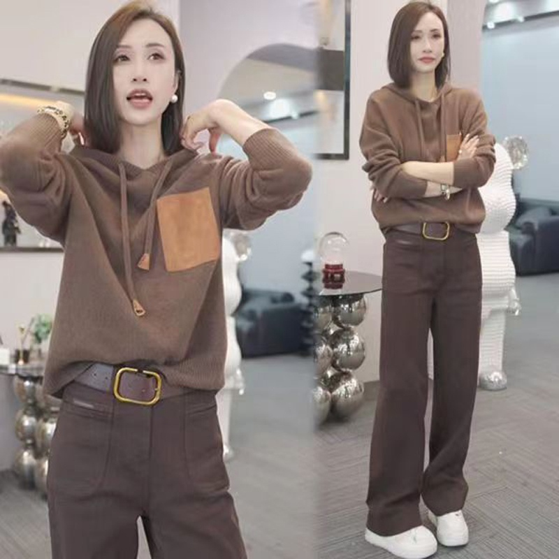 歐貨寬鬆拼皮連帽毛衣女2023秋季時尚洋氣休閒設計感加厚帽衫外套
