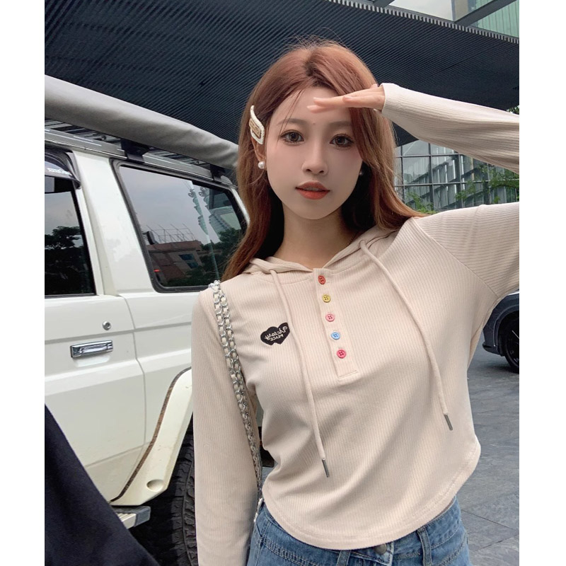 Original workmanship, large size women's clothing, early autumn new hooded, versatile long-sleeved T-shirt, slim design, flesh-covering shirt