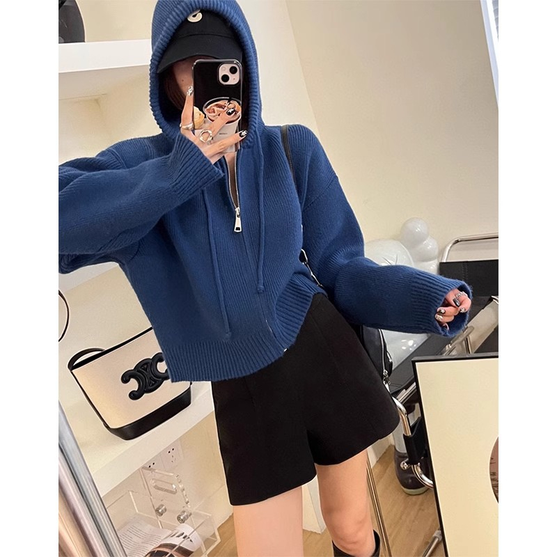 大量天貓品質設計感連帽拉鏈短款毛衣外套女