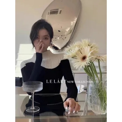 2023冬季韓風chic拼色修身針織高領打底衫女設計感小眾內搭毛衣女