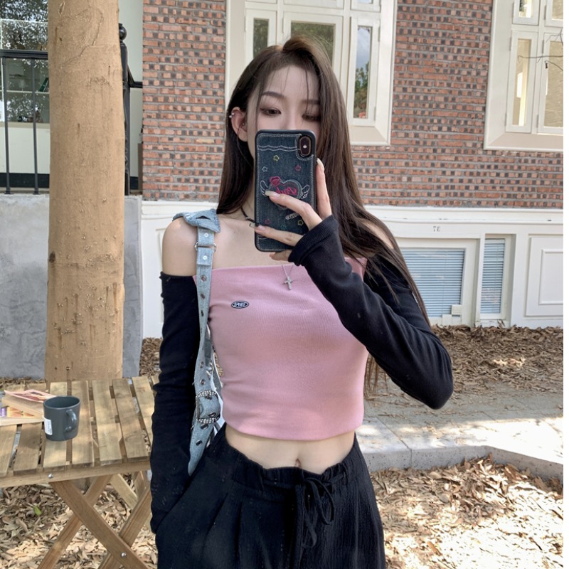 辣妹一字肩露鎖骨拼接長袖T恤女裝秋季修身顯瘦純欲性感短款上衣