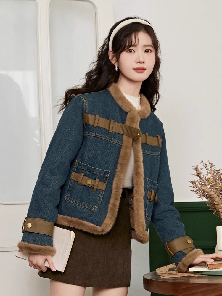 小個子牛仔拼接毛絨外套女2023秋冬新款夾棉加厚寬鬆棉衣棉服上衣