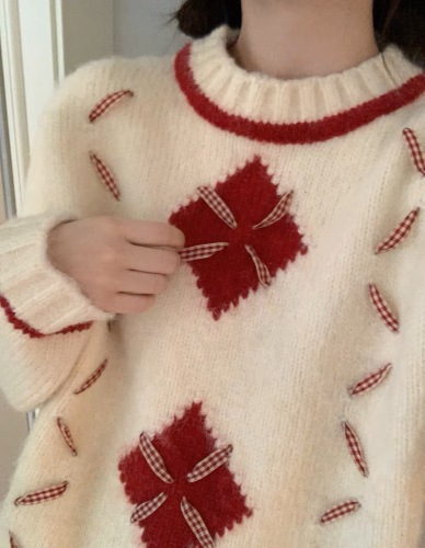 可爱圣诞毛衣加厚宽松节日氛围格子丝带羊绒中长款内搭
