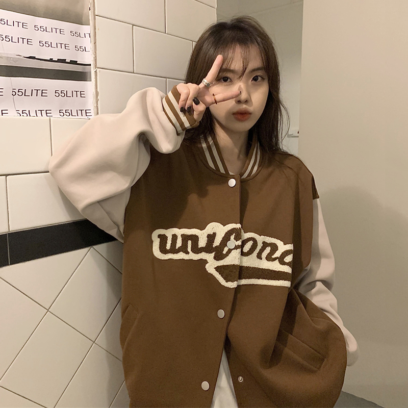 American retro patchwork letter baseball jacket for women spring and autumn vintage loose jacket flight suit top