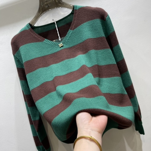  autumn mother's wear long-sleeved sweater V-neck wide striped jacquard sweater outer wear ice silk T-shirt sweater