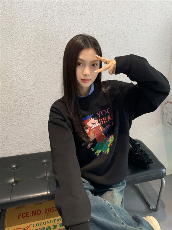慵懶風復古衛衣冬季2023年新款女做舊印花寬鬆加絨圓領長袖上衣女