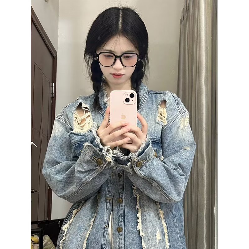 美式復古毛邊破洞牛仔外套高級感潮牌高街in潮做舊oversize夾克女