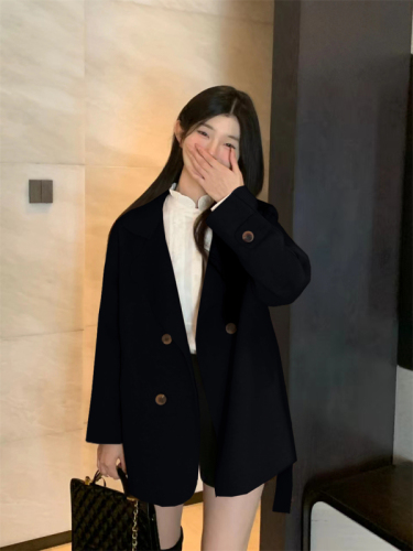 Real shot~Short woolen coat for small people, suit collar, high-end Hepburn style woolen coat for women