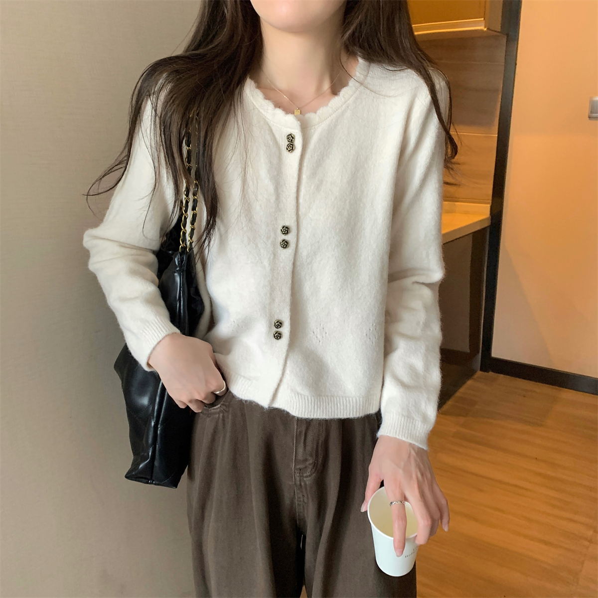 實拍 秋冬韓版寬鬆百搭氣質北極絨針織開衫毛衣外套女