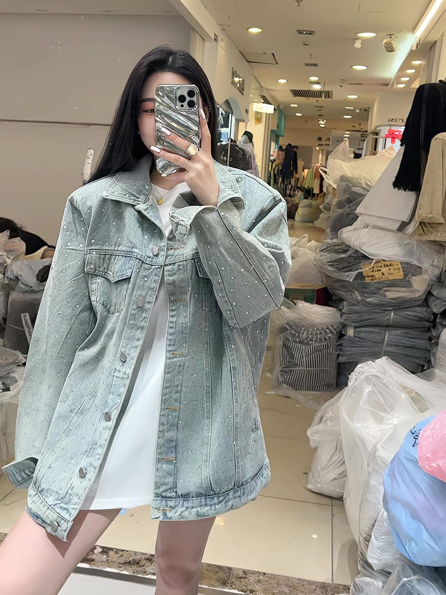 韓國復古重工燙鑽牛仔外套女2023早秋新款帶鑽滿鑽水洗通勤上衣潮