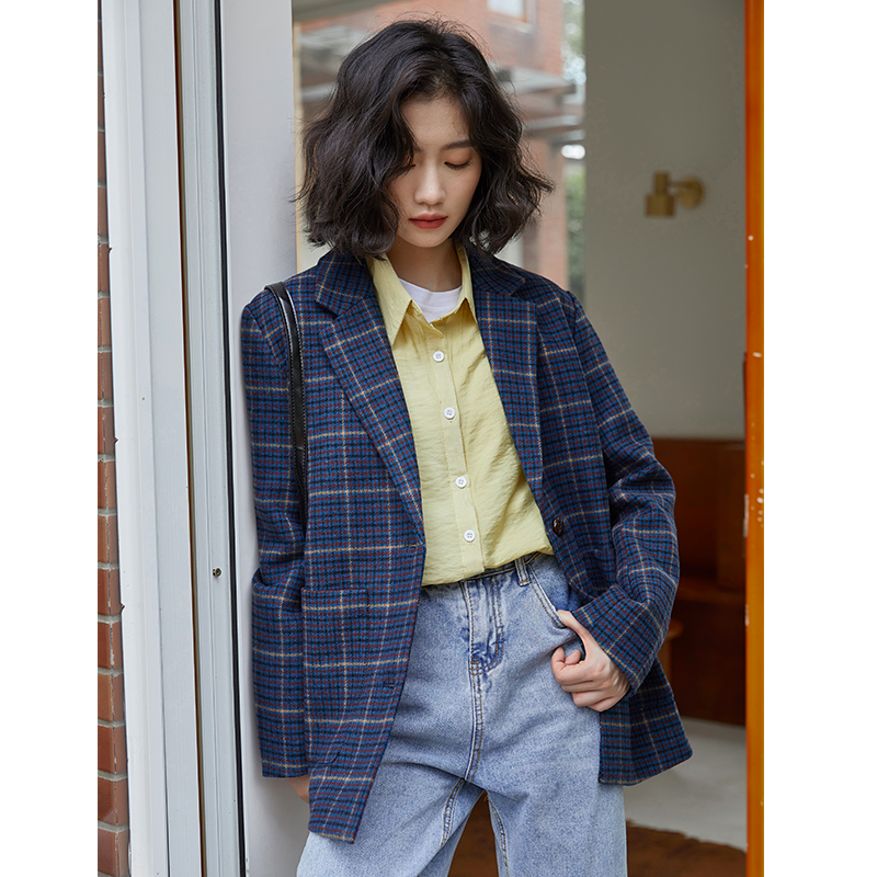 實拍23秋冬新款復古格子小西裝外套女港味短款氣質西服冬