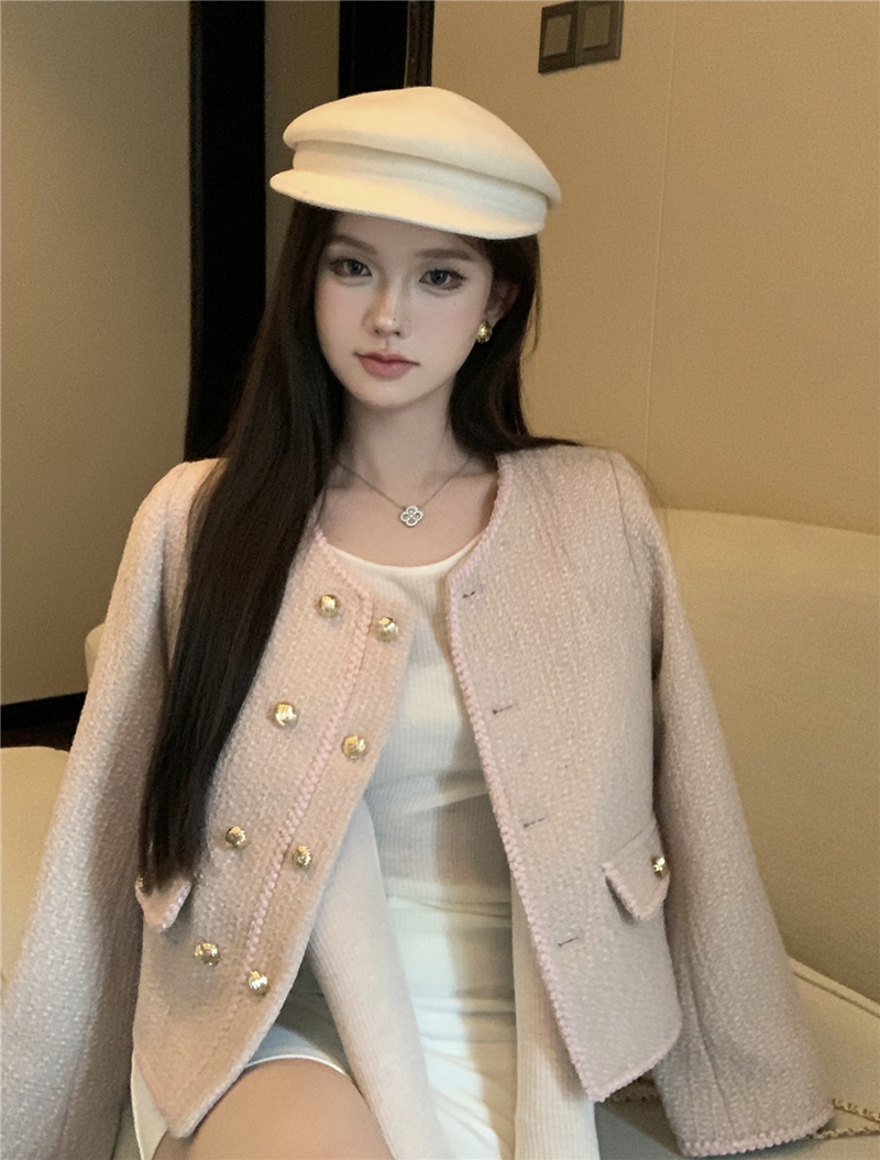 實拍秋裝復古小香風外套雙排扣氣質名媛呢子上衣有肩墊女