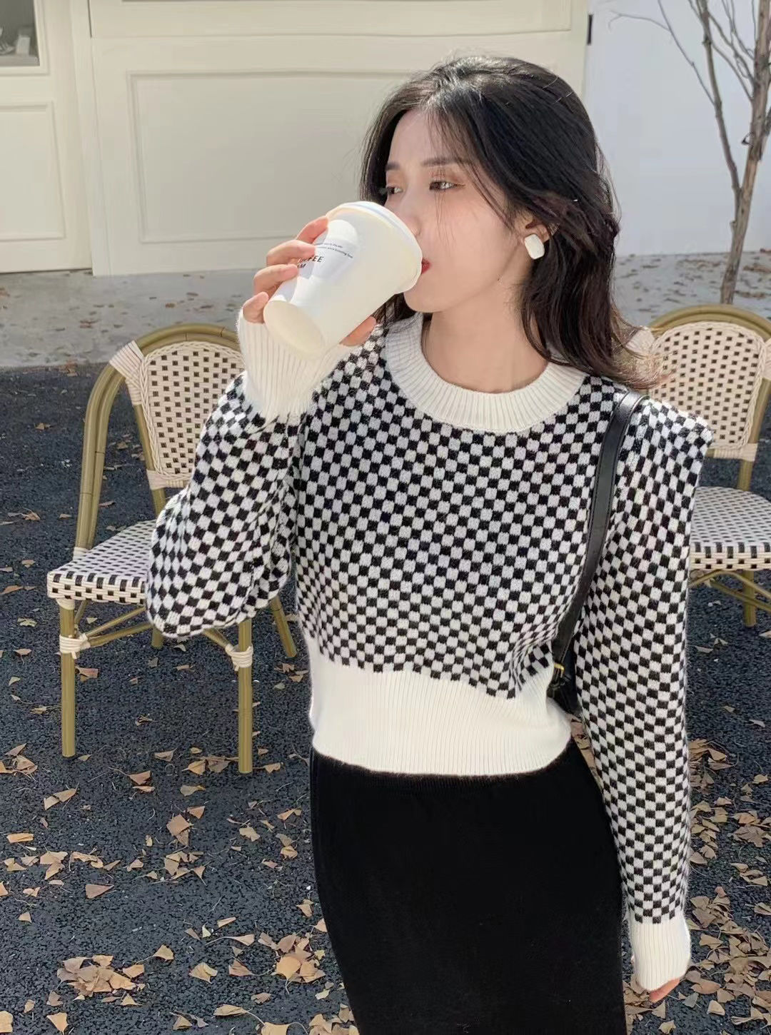 棋盤格短款墊肩泡泡袖毛衣女2023秋季新款通勤休閒圓領針織上衣女