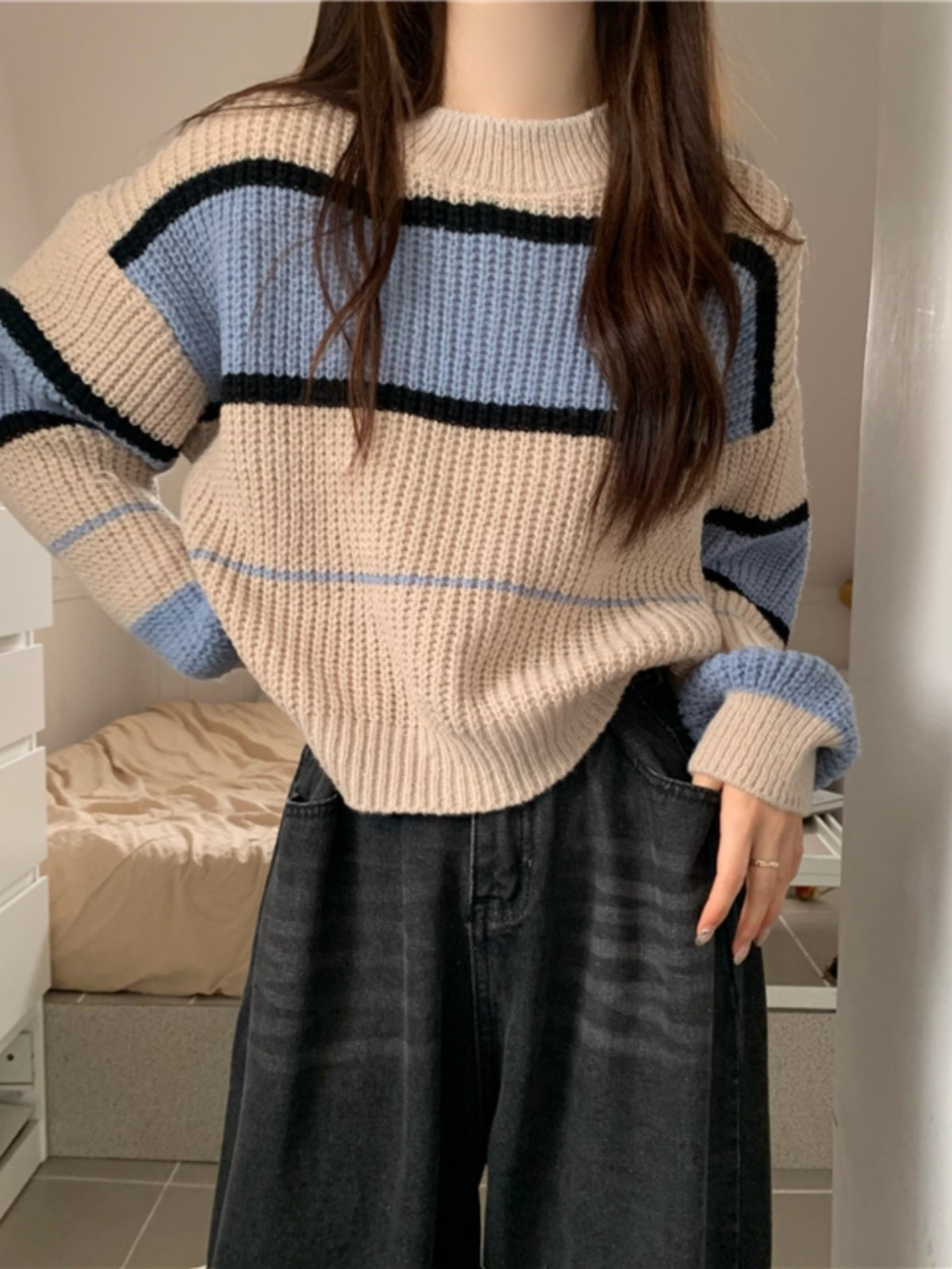撞色條紋針織毛衣女秋冬軟糯溫柔慵懶風寬鬆減齡套頭長袖內搭上衣