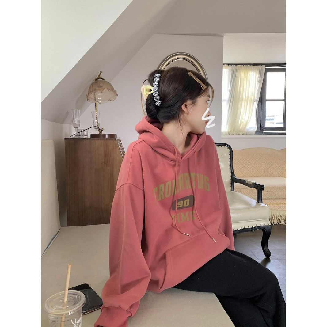 美式復古莓粉字母連帽衛衣女2023秋冬oversize百搭加絨外套慵懶風